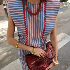LIZAKOSHT - Summer Elegant 2pcs Outfit Retro Striped Printed Fashionable Suit Women Flying-sleeved Crew Neck Blouse Tops & Long Skirts Sets