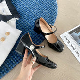 LIZAKOSHT Original retro rhinestone Mary Jane single shoes women's small leather shoes one word with thick heel ballet shoes women's shoes