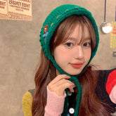 LIZAKOSHT - Designer Vintage Handmade Wool Knitted Flower Cute Triangular Scarf Headband for Girls Lace Up Earmuffs Autumn and Winter Y2k