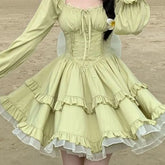 LIZAKOSHT - Green Women Dresses Square Neck Ruffles Bows Vintage Vestidos Mujer Spring Autumn Korean Fashion Sweet Mini Dress