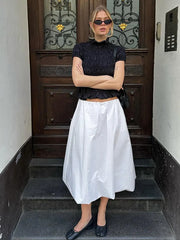 LIZAKOSHT  -  Elegant Pleated Lace Up Top Women Hallow Out Solid Short Sleeve High Neck Shirts Female Spring summer Versatile Street Tops