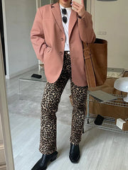 LIZAKOSHT - Fashion Leopard Print Long Pants For Women 2024 Spring Slim Single Button Pencil Trousers Female Chic High Waist Ladies Pants