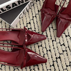 LIZAKOSHT - Patent Leather Bow Sandals Women Pumps Pointed Toe Low Heel Slingback Shoe Ladies Shallow Fashion Elegant High Heels Dress Shoes