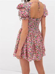 LIZAKOSHT - Retro Women Floral Print Summer Mini Dress Short Puff Sleeve Deep V Neck Backless Tie Up Party Dress Female Vestidos