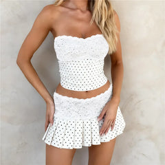 LIZAKOSHT - Women Summer Two Piece Lace Trim Outfits Dots Print Tube Tops and Mini Pleated Skirt Set Y2K Vacation Party Matching Suit