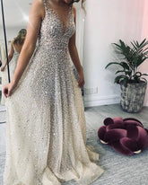LIZAKOSHT - Evening Gown Floor Length Dr Sparkling Long Skirt V Ne mid Waist Polyester Fiber Spring Season Princ Sle