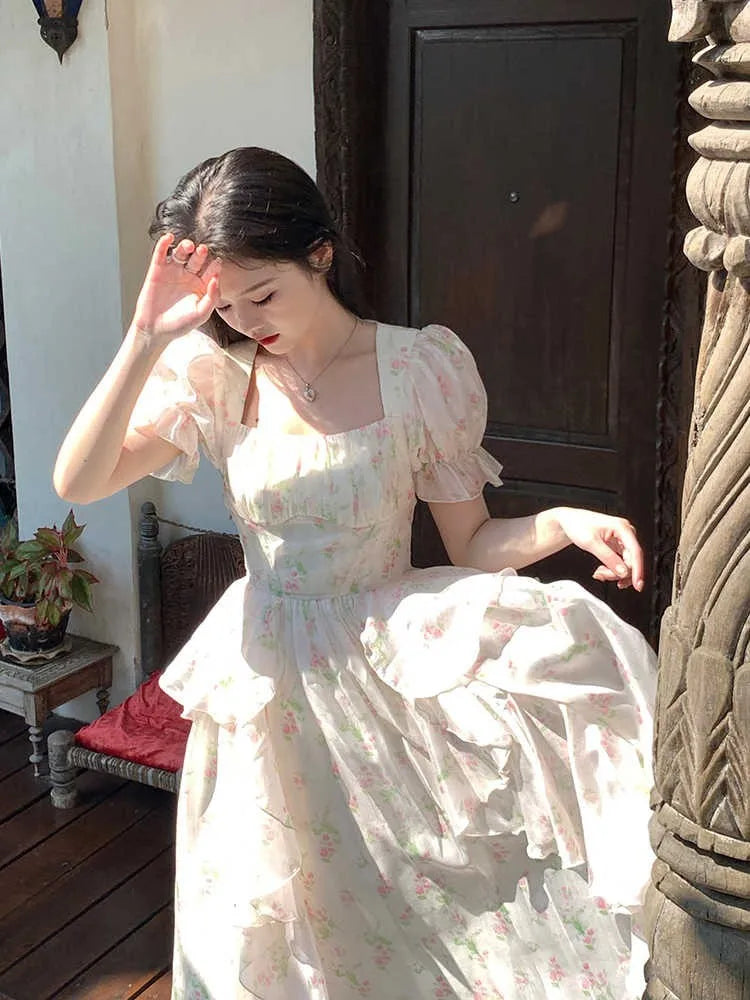 LIZAKOSHT  -  One Piece Dress Korea Fairy Floral Midi Dress Women Puff Sleeve Elegant Vintage Dress Female Party Dress Office Lady Summer