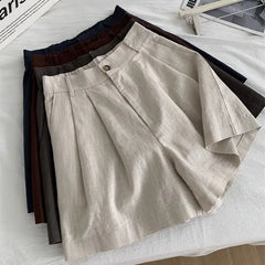 LIZAKOSHT - Summer High-Waist Vintage Linen Shorts Women's Versatile Slimming