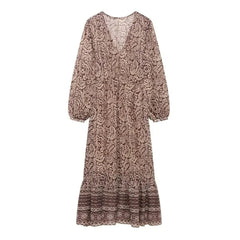 LIZAKOSHT - Floral Print Long Dress Women 2025 New Summer Elegant Loose V-neck Lace Up Midi Dresses Vintage Chic Boho Casual Party Dresses