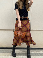 LIZAKOSHT - Retro Plaid Pattern Pleated Skirt Women Elegant HighWaist Patchwork Ruffle Slim Midi Skirts Lady Holiday Street Wear New