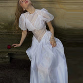 LIZAKOSHT - Puff Sleeve Decorative Button Sheer Mesh Maxi Dress A-Line Ruched Bust Spring Summer Chic Garden Lady Women Romantic Grown
