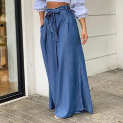 LIZAKOSHT - Fall Women Long Pants High Waist Fashion Belted Casual Loose Solid Wide Leg Pants Streetwear Fashion Women Pants Skirt