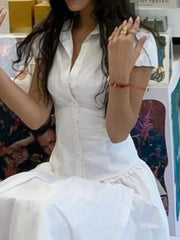 LIZAKOSHT - Casual Solid Tee Shirts for Women Turn-down Collar Button Up Corset Blouses Korean Short Sleeves Fashion Cute Tops