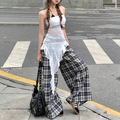 LIZAKOSHT - Summer New Streetwear Sexy See-through Irregular Mesh Camisole Women + Loose Casual Plaid Wide Leg Pants Two-piece Suit