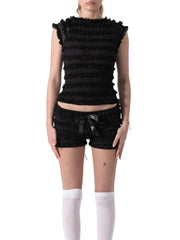 LIZAKOSHT - Fashion Pleated Women's Two Piece Suit O-neck Sleeveless Backless Top Loose Bow Short Pants 2025 Summer Female Causal Outfits