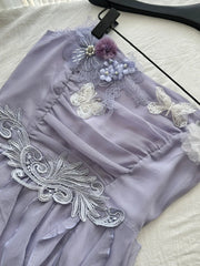 LIZAKOSHT - Women's Purple Flower Butterfly Dress Y2K French Casual Elegant Aesthetics 2000s Style Cute Party Retro Dress Clothing 2025 New