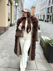 LIZAKOSHT  -  Patchwork Fur V-Neck Lace up Coat Woman Solid Color Long Sleeves Loose Warm Coats Luxury Chic Women's New Autumn Winter Jackets