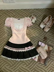 LIZAKOSHT - Y2k Harajuku Vintage Sweet Slim 2 Piece Skirt Sets Kawaii Short Sleeve Tops + Bow Patchwork Cake Mini Skirts 2000s Lolita Suits