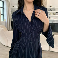 LIZAKOSHT - Office Siren Style Set Women's Summer Slim Striped Shirt Dress High Waist Shorts Two-piece Set Fashion Female Clothes