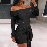 LIZAKOSHT - Lace-Up Simple Print Sheath Dress, Women Spring Summer Slash Neck Fashion Mini Dress, Long Sleeve Elegant Ladies Dress Vestidos