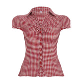 LIZAKOSHT - College Style Breasted Plaid Simple Casual Versatile Shirt with Retro Street Style Lapel and Waist Cinching for Slimming Effect