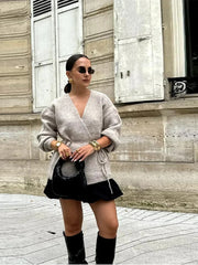 LIZAKOSHT - Casual Knit Cardigan Women Loose V Neck Long Sleeves Lace Up Sweater Coats Female 2025 Autumn Winter Solid Soft Chic Knitwears