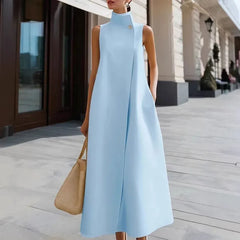 LIZAKOSHT - Fashion Stand Collar Pocket Commuter Vest Dress Sexy Sleeveless High Waist Long Dress Lady Elegant One Button Design Party Dress