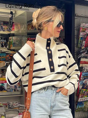 LIZAKOSHT Women Stand Up Collar Striped Knitted Sweater Fashion Long Sleeve Loose Casual Pullovers Female Fall Winter Street Jumper