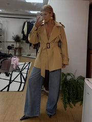 LIZAKOSHT - Fashion Women Windbreaker French Lapel Long Sleeve Belt Pocket Waist Cinching Long Coat Casual Early Autumn Street Wear