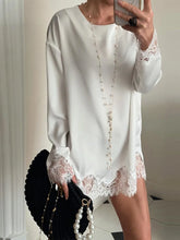 LIZAKOSHT - Ivory Satin Lace Trim Mini Dress Long Sleeve Buttoned Cuffs Spring Romantic Women Satin Skirt Fashion Sweet Lady Vestido