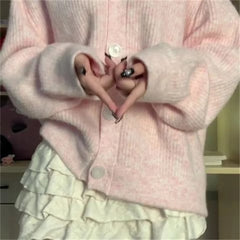 LIZAKOSHT - V-neck Cardigan Women Pure Knitted Sweet Princess Fashion Soft Loose Korean Style Girls Autumn Students Collage New Coats
