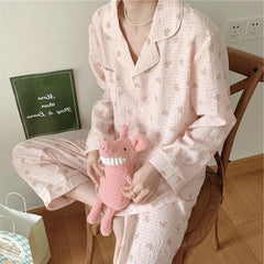 LIZAKOSHT - Koera Style Women's Pajama Set 2 Pcs with Pant Ladies Bear Print Sleepwear Long Sleeve Single Breasted Plaid Pyjama Suit Female