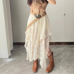 LIZAKOSHT - Elegant Fashion Vintage Chic Irregular Hem A-line Skirts Holiday Skirts for Women Vintage Ruffles Floral Kintted Lace Streetwear