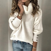 LIZAKOSHT  -  Solid Color Fashion Autumn Winter Women's New Button Hoodie High Collar Knitted Shirt Casual Comfortable Long Sleeve Top