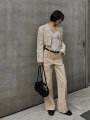 LIZAKOSHT  -  Chic Rivet Long Jeans For Women High Waist Single Button Pocket Wide Leg Pants 2025 Summer Fashion Female Streetwear Trousers