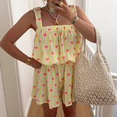 LIZAKOSHT - Spring Print Two Piece Set Women Sexy Square Collar Backless Tie-up Top+Short Outfit Summer Sleeveless Hollow Holiday Beach Suit