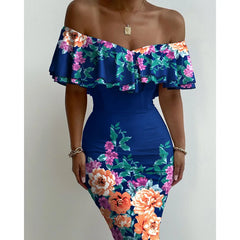 LIZAKOSHT - Floral Print Off-oulder Ruffle Hem Dr Street Sle High Waist Polyester Fiber ort Sve Summer Dr
