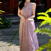 LIZAKOSHT - Spring Summer Dresses for Women Chinese Style Purple Elegant Vestidos Mujer Vintage Loose Beach Long Dress