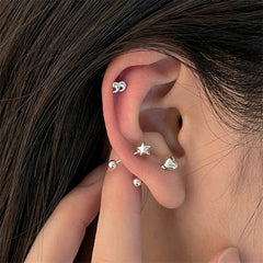 Lizakosht Korean Silver Color Piercing Screw Beads Stars Heart Ear Bone Stud Earrings For Women Girls Simple Personality Body Jewelry Gift