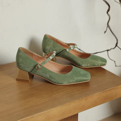 LIZAKOSHT - 2024 new spring autumn women pumps plus size 22-26.5cm Microfiber ankle buckle square toe Mary Jane shoes Pearl women shoes