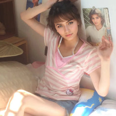 LIZAKOSHT - Japanese Subculture Fake Two Short-sleeved T-shirts Pink Striped Wide Necktie Tie Neck Women's Tees Y2k Sweet Spicy Slim Tops