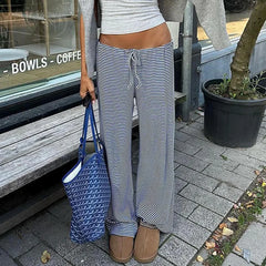 LIZAKOSHT - Y2K Women Casual Knit Pants Slim Fit Lazy Style Striped European American Versatile Waist Cinching Trousers