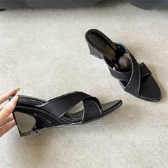 LIZAKOSHT - Summer Fashion Wedges High Heels Woman Slippers Elegant Narrow Band Pointed Open Toe Party Dress Shoes
