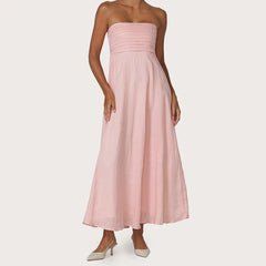 LIZAKOSHT - Women Tube Maxi Dress Ruched Strapless Bodice A Line Long Dress Elegant Lady Sleeveless Flowy Summer Sundress