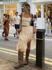 LIZAKOSHT Flower Lace Skirt Women Vintage Ruffle Slit Maxi Party Skirt Faldas Mujer 2024 Fashion New Long Transparent Skirt Bottom