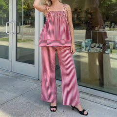 LIZAKOSHT - Women Summer Striped 2 Piece Outfits Casual Sleeveless Tie Strap Babydoll Tank Top Pants Sets Sleepwear Y2K Lounge Matching Suit