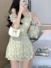 Lizakosht Floral Dresses for Women Short Sleeve Streetwear Office Dress Sweet Printing Mini Slash Neck New Spring Summer Dress