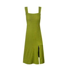 LIZAKOSHT - Spring New European and American Holiday Style Solid Color Sexy Square Collar Side Split Leisure Dress