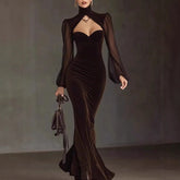 LIZAKOSHT - Spring Autumn Velvet Dress Women Long Sleeve Turtleneck Solid Sexy Elegant Evening Party Skinny Stretch Bodycon Dresses