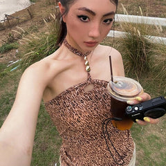 LIZAKOSHT - Chic American Outdoor Vintage Halter Sleeveless Tank Tops Y2k Aesthetic Harajuku Leopard Print Sexy Camisole Summer Punk Tops